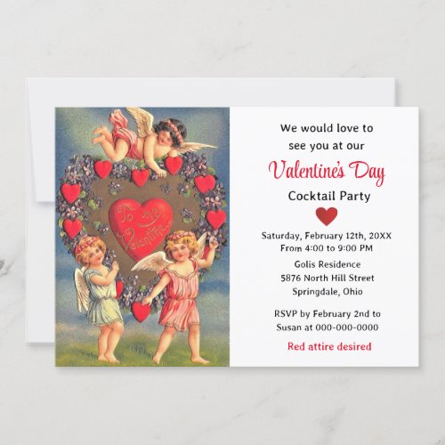 Vintage Cherub Angels Red Hearts Valentines Day Invitation