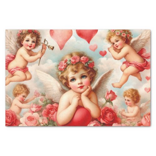 Vintage Cherub Angels Red Hearts Valentines Day  Tissue Paper