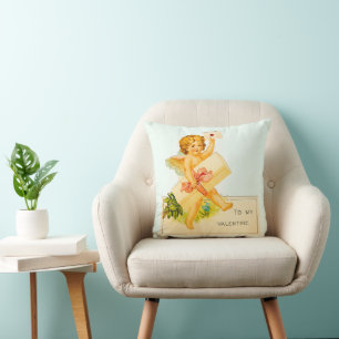 Vintage Cherub carrying Valentine Gifts Throw Pillow