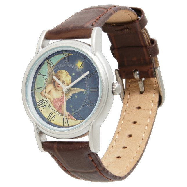 Vintage Cherub Crescent Moon Blue Night Sky Angel Watch | Zazzle display picture 2