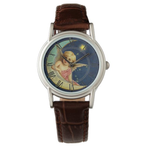 Vintage Cherub Crescent Moon Blue Night Sky Angel Watch