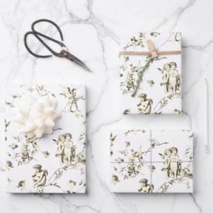 Vintage Cherub Cupid Angels Floral Beige Toile Wrapping Paper Sheets