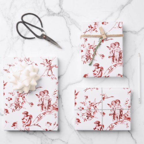 Vintage Cherub Cupid Angels Floral Red Toile  Wrapping Paper Sheets