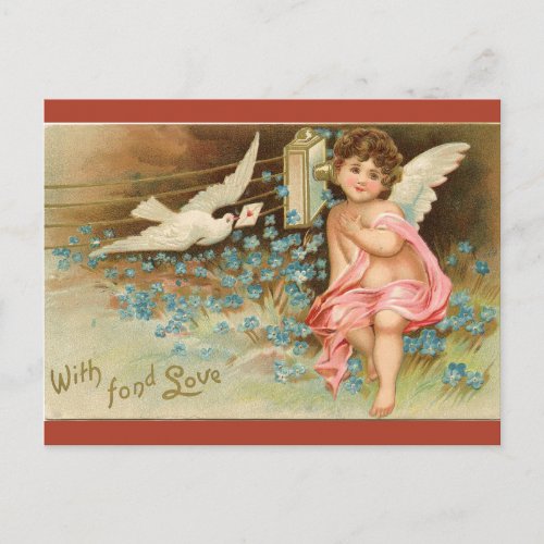 Vintage Cherub Dove and Forget Me Nots Valentine Postcard