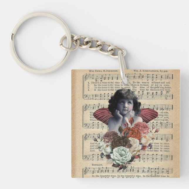 Vintage Cherub Girl Collage  Keychain (Front)