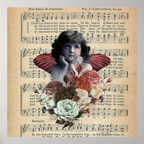 Vintage Cherub Girl Collage Poster