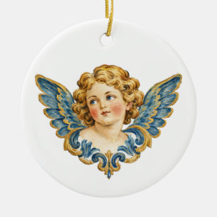 Vintage Cherub Portrait with Blue Wings Ceramic Ornament
