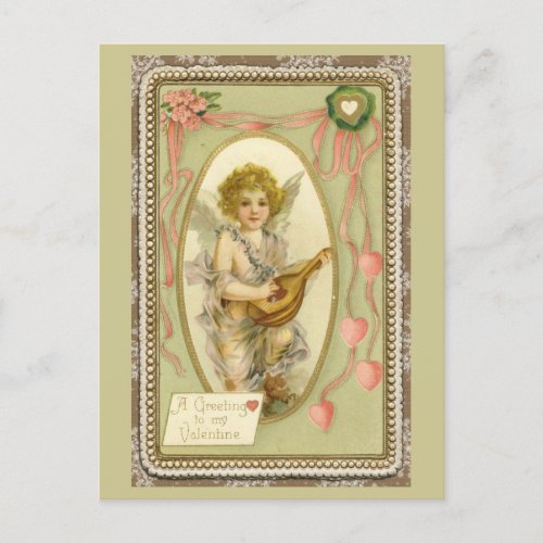 Vintage Cherub With Mandolin Valentines Greeting Postcard