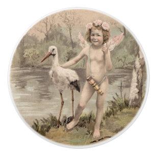 Vintage Cherub with Stork by Lake Ceramic Knob