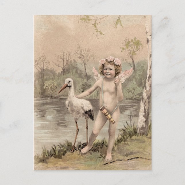 Vintage Cherub with Stork by Lake  Postcard (Front)
