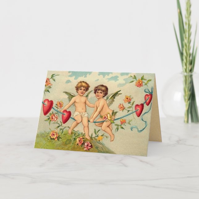 Vintage Cherubs and Hearts Valentine Card (Front)