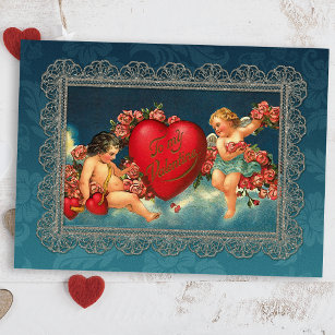 Vintage Cherubs and Valentine Heart Holiday Postcard