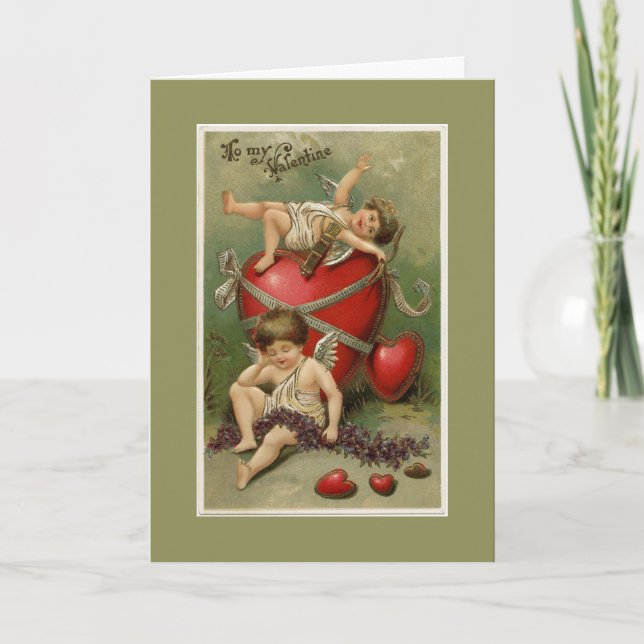 Vintage Cherubs and Valentine Hearts Green Holiday Card (Front)
