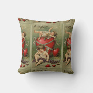 Vintage Cherubs and Valentine Hearts Green Throw Pillow