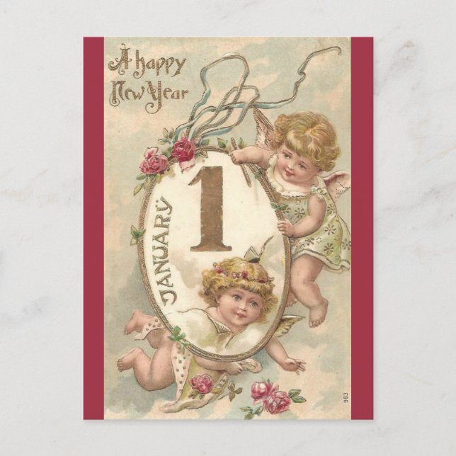 Vintage Cherubs Happy New Year Postcard (Front)