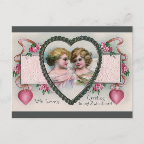 Vintage Cherubs in a Heart Frame Valentine Postcard