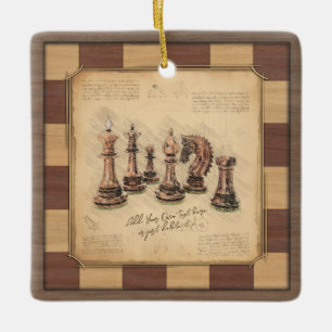 Vintage Chessboard & Chess Pieces, Player Gift Ceramic Ornament