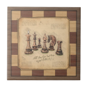 Vintage Chessboard & Chess Pieces, Player Gift Ceramic Tile