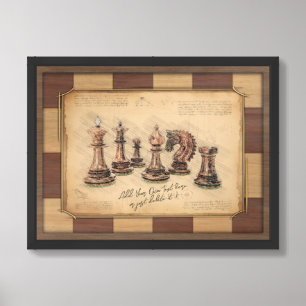 Vintage Chessboard & Chess Pieces, Player Gift Framed Art