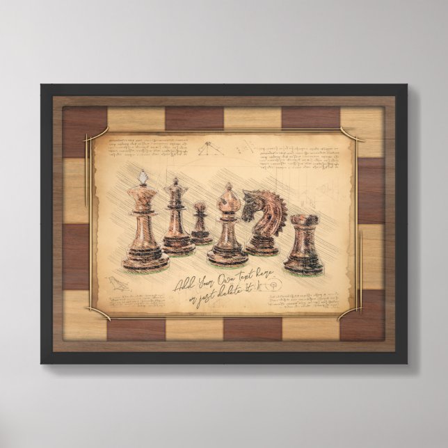 Vintage Chessboard & Chess Pieces, Player Gift Framed Art (Framed Front)