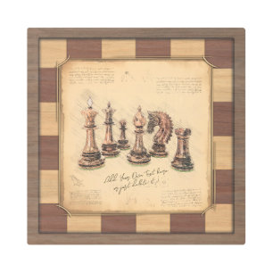 Vintage Chessboard & Chess Pieces, Player Gift Metal Print