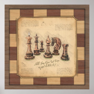 Vintage Chessboard & Chess Pieces, Player Gift Poster