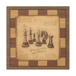 Vintage Chessboard & Chess Pieces, Player Gift Wood Wall Art