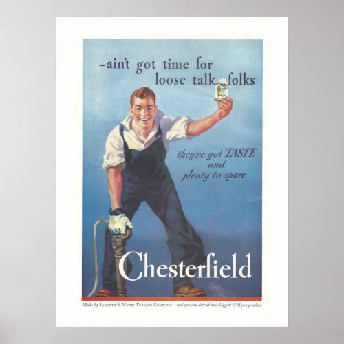 Vintage Chesterfield Cigarettes Advertisement Poster