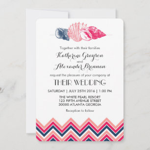 Vintage Chevron Seashells Beach Wedding Invitation
