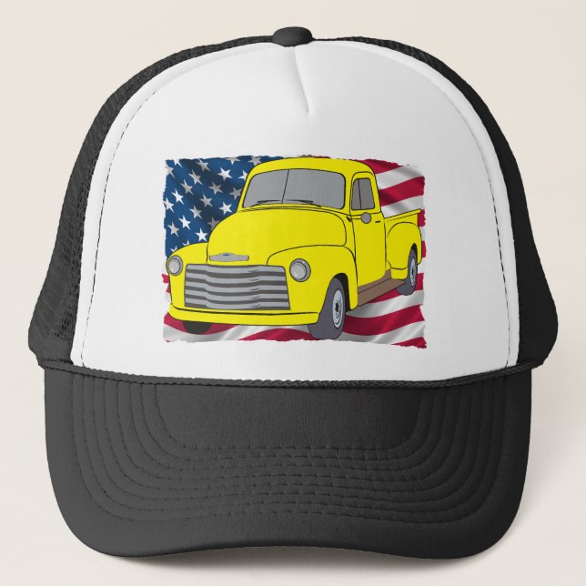 Vintage Chevy Truck with American Flag Trucker Hat (Front)