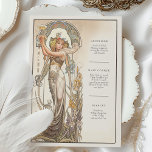 Vintage Chic Art Nouveau Wedding Menu Card<br><div class="desc">Add a touch of vintage charm to your wedding with this Vintage Chic Art Nouveau Wedding Menu Card. The front features a captivating illustration of a graceful woman holding a chalice, surrounded by intricate floral and botanical details in rich hues of gold, cream, and earthy greens. The back of the...</div>