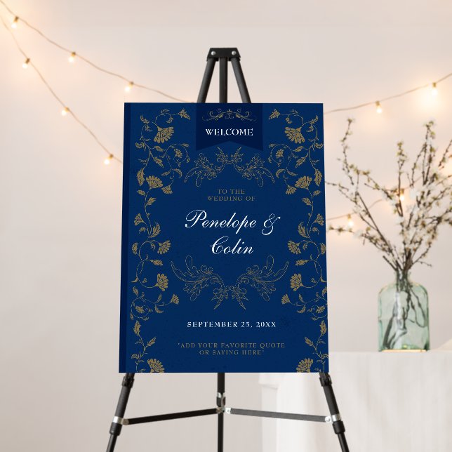 Vintage Chic Blue Book Cover Wedding Welcome Sign (In Situ (Stand))