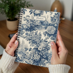Vintage Chic Blue Toile de Jouy Monogram Notebook