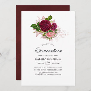 Vintage Chic Blush and Burgundy Floral Quinceañera Invitation
