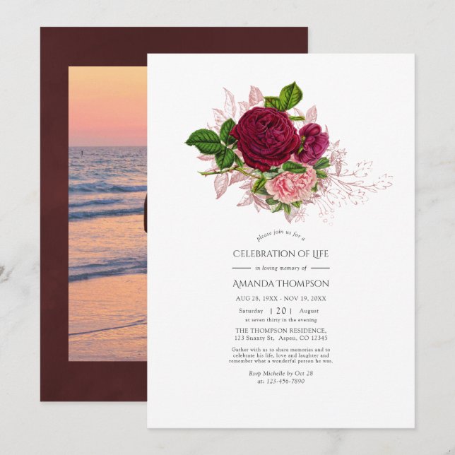 Vintage Chic Blush & Burgundy Celebration of Life Invitation (Front/Back)