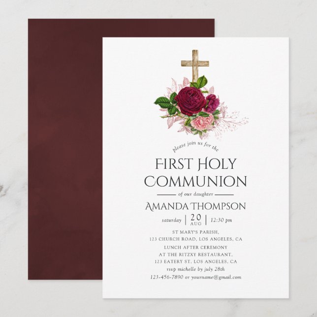 Vintage Chic Blush & Burgundy First Holy Communion Invitation (Front/Back)