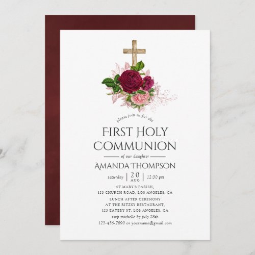 Vintage Chic Blush  Burgundy First Holy Communion Invitation