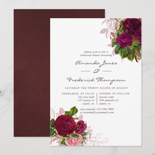 Vintage Chic Blush & Burgundy Rehearsal Dinner Invitation (Front/Back)
