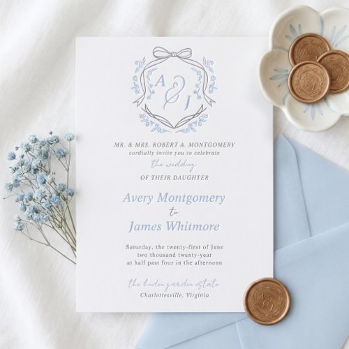 Vintage Chic Bow Floral Crest Monogram Wedding Letterpress Invitation