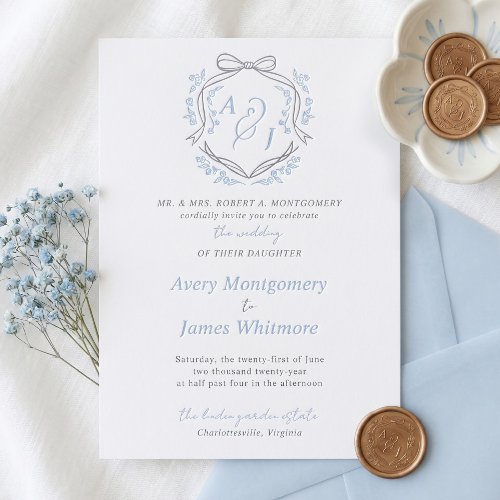 Vintage Chic Bow Floral Crest Monogram Wedding Letterpress Invitation