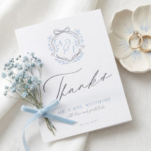 Vintage Chic Bow Floral Crest Monogram Wedding Letterpress Thank You Card
