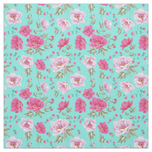 Vintage chic bright teal rose floral pattern girly fabric
