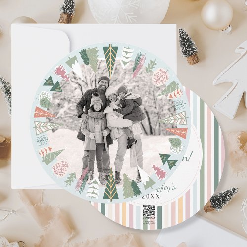 Vintage Chic Christmas Tree Photo BLUE pink Round Holiday Card