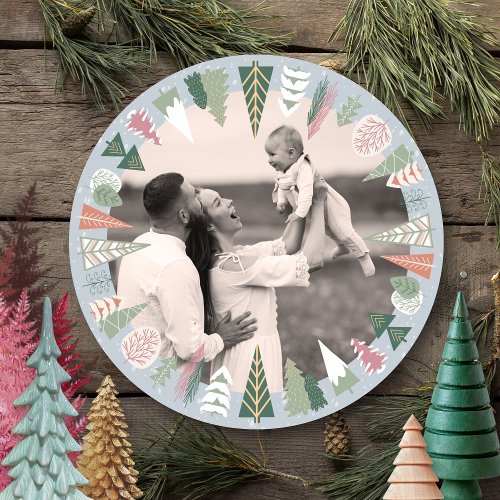 Vintage Chic Christmas Tree Photo GRAY green Round Holiday Card