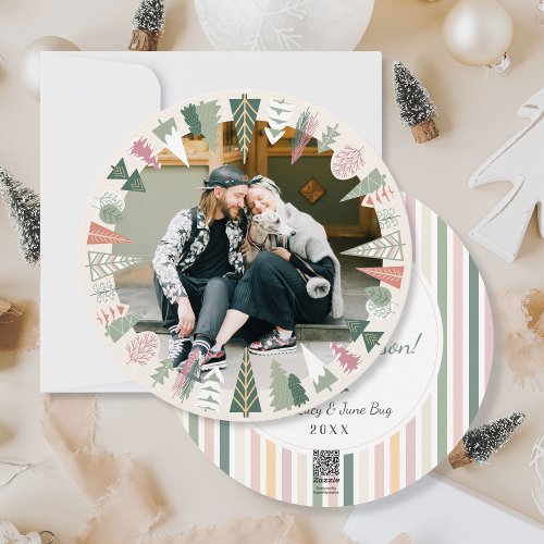 Vintage Chic Christmas Tree Photo IVORY pink Round Holiday Card
