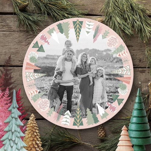 Vintage Chic Christmas Tree Photo PINK Green Round Holiday Card