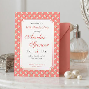 Vintage Chic Coral Pink Pearls Birthday Party Invitation