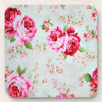 Vintage Chic Cottage Pink Rose Floral Coaster by celebrateitgifts at Zazzle