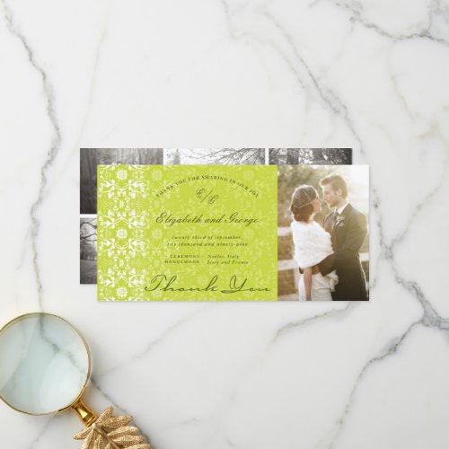 Vintage Chic Damask Lace Lime Green Photo Wedding  Thank You Card
