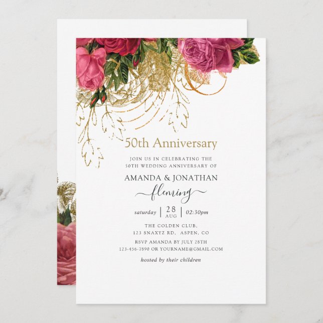 Vintage Chic Floral 50th Wedding Anniversary Invitation (Front/Back)